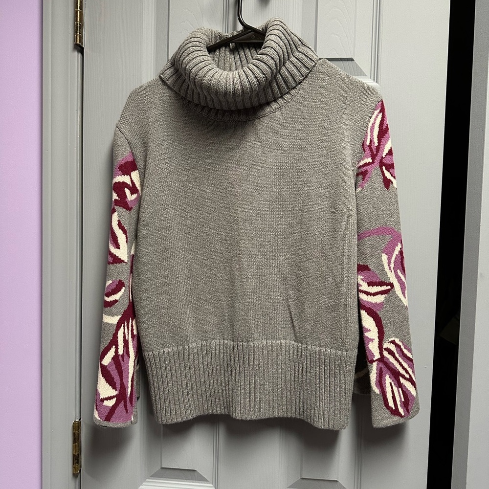 CAbi Gray Turtleneck Sweater with Pink Floral Sleeves